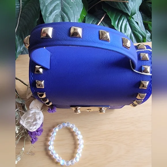 LA MIEL True Blue and Gold Studded Crossbody Bag & Rainbow Moonstone Bracelet. - Picture 7 of 12
